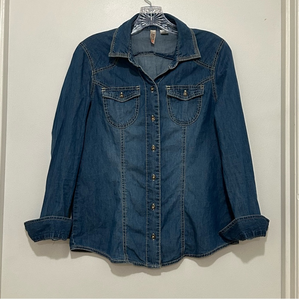 Denim Long Sleeve Button Down Shirt Blue Western Yoke Flap Pockets Size Small